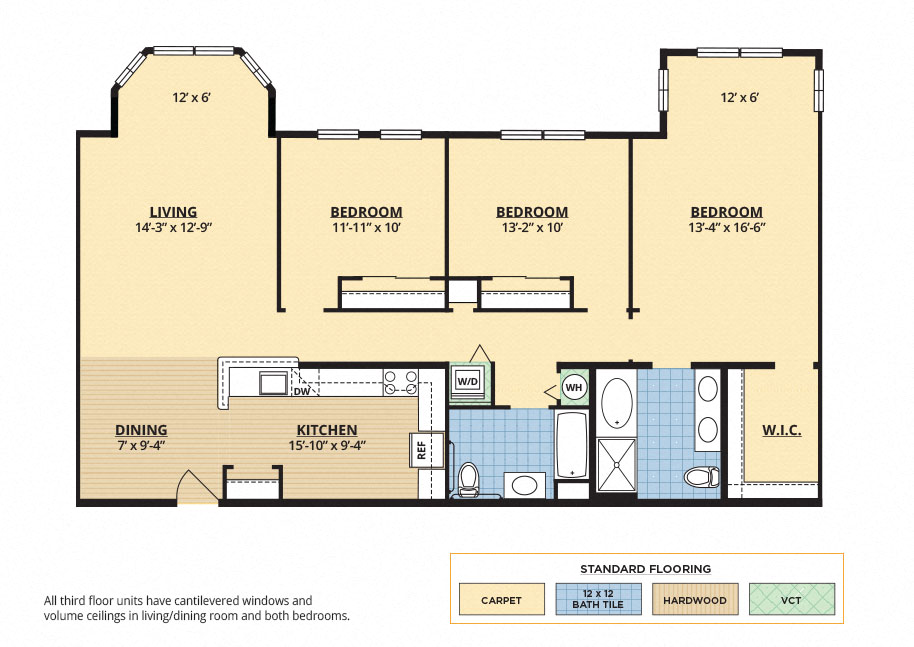 Floor plan for 3 beds, 2 baths, 1649 sqft